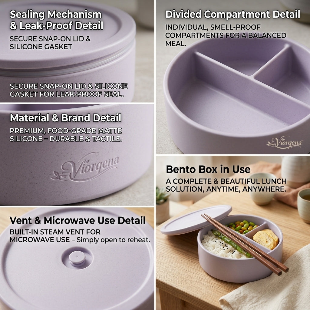 Viorqena™ 3-Compartment Round Bento Box with Lid – Matte Lilac