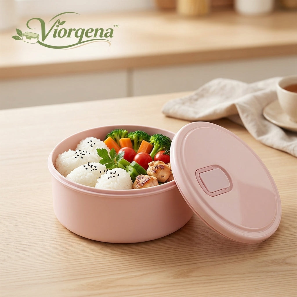 Viorqena™ Round Bento Lunch Box with Steam Vent Lid – Pastel Pink Leak-Resistant Food Storage Container for Work, School &amp; Meal Prep