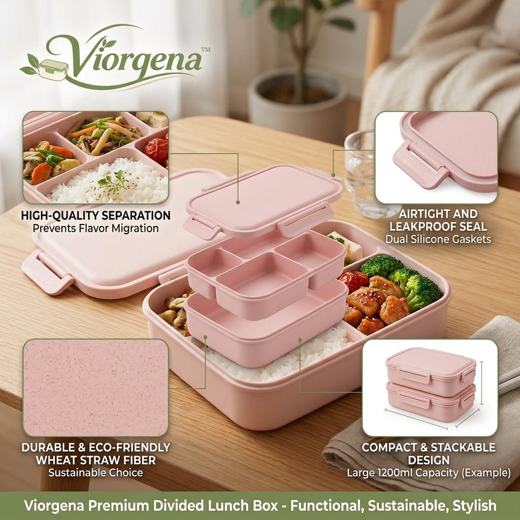 Viorqena™ 5-Compartment Bento Lunch Box – Leak-Resistant Portion Control Meal Prep Food Container with Secure Snap-Lock Lid