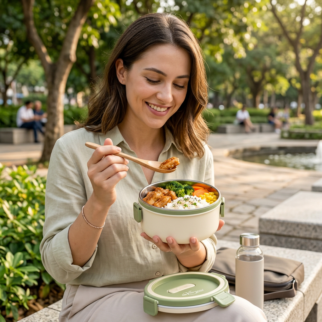 Viorqena™ Stainless Steel Insulated Lunch Box, Leakproof Round Bento Bowl with Locking Lid for Work, School, and Travel