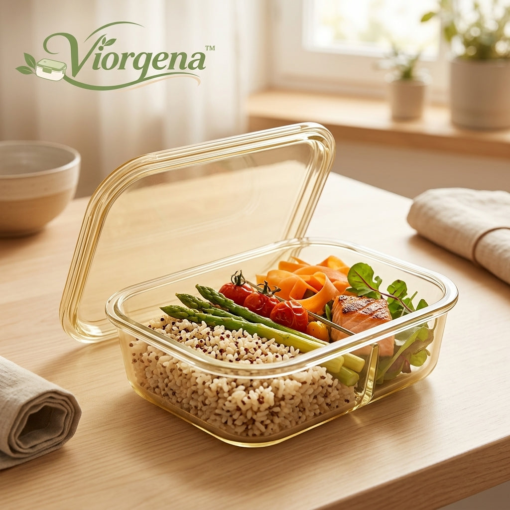 Viorqena™ 2-Compartment Glass Meal Prep Container with Matching Lid | Divided Bento Lunch Box for Portion Control &amp; Fresh Food Storage