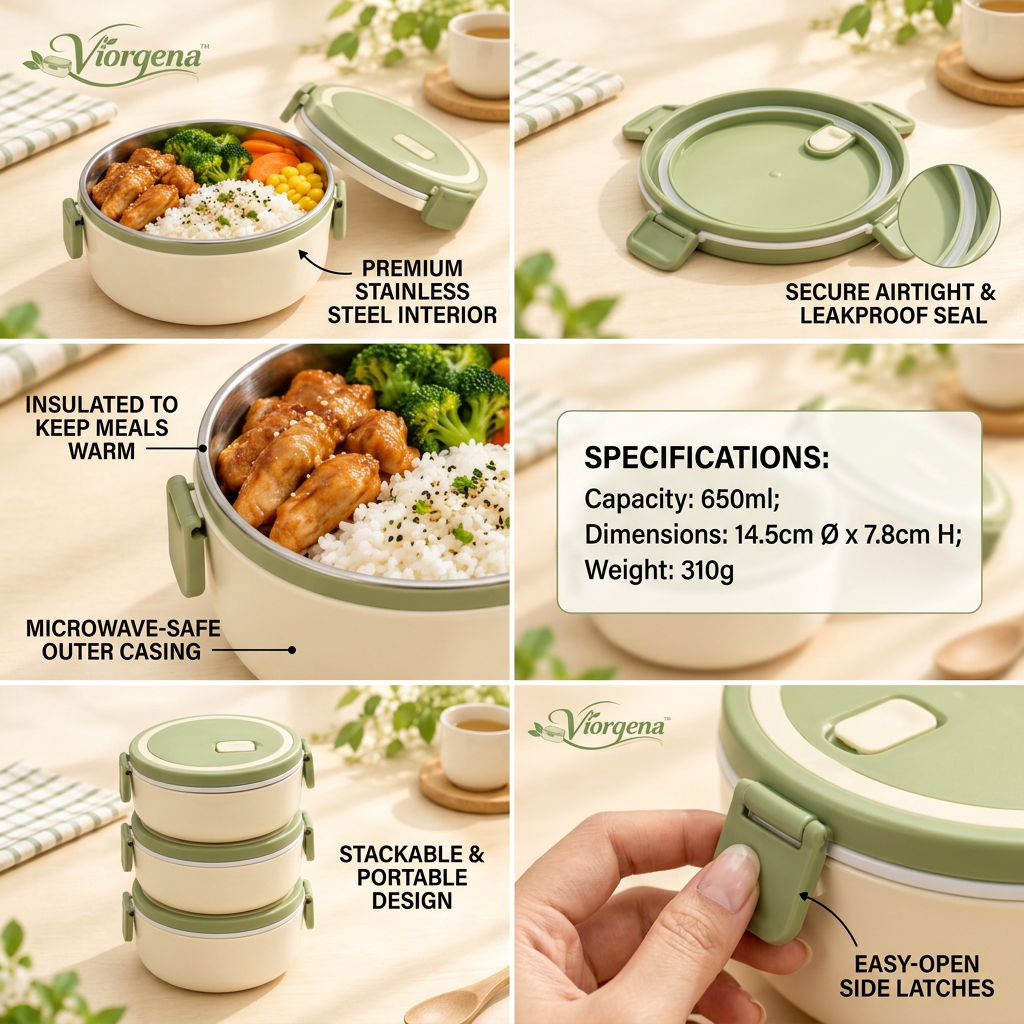 Viorqena™ Stainless Steel Insulated Lunch Box, Leakproof Round Bento Bowl with Locking Lid for Work, School, and Travel